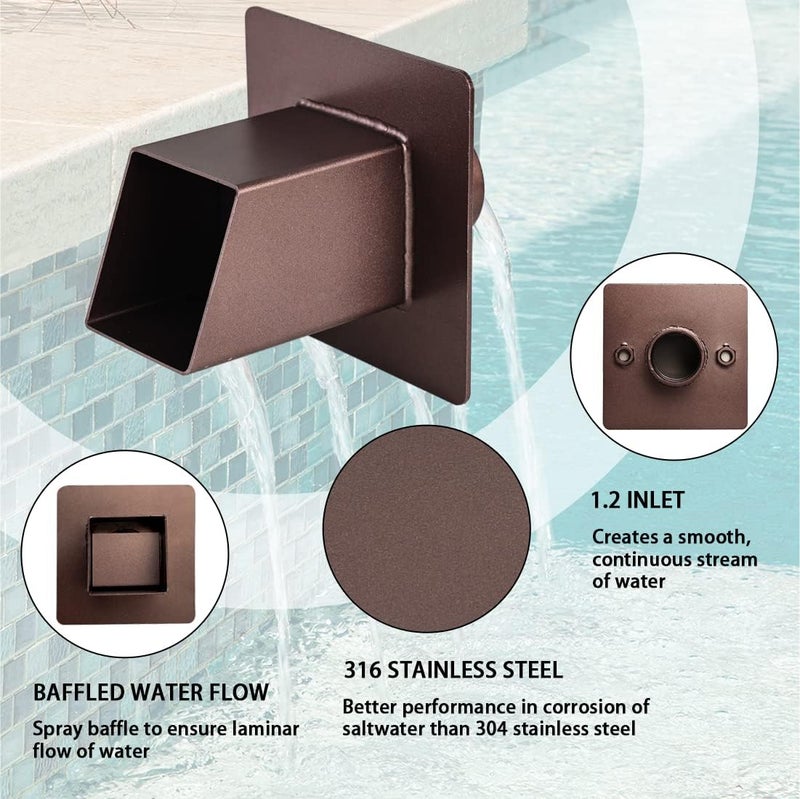 PONDO 2" Square Water Fountain Spout Scupper, 316 Stainless Steel Spillway w/Construction Spray Baffle for Pools, Ponds, Water Walls, Fountains (Brown) - Image 3
